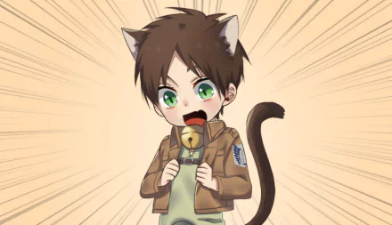 Chibi-style Eren Yeager from Attack on Titan with cat ears and tail, holding a bell, set against a dynamic burst background in an HD anime desktop wallpaper.