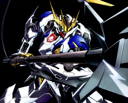 Anime Mobile Suit Gundam 4K Ultra HD PC desktop wallpaper: close-up of a white, blue and gold Gundam gripping a massive axe against a dark, high-contrast background.