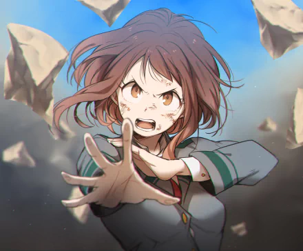 HD desktop wallpaper featuring Ochaco Uraraka from My Hero Academia, depicted in action with a determined expression, extending her hand amid flying debris in a dynamic and intense scene.