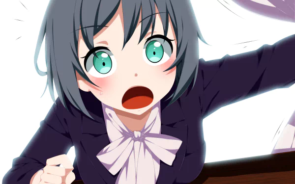 HD anime wallpaper of Hatayama Aiko from Arifureta Shokugyou de Sekai Saikyou, featuring black hair, green eyes, and a blush expression.