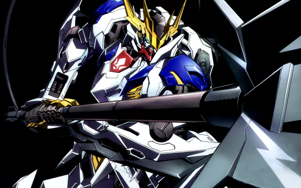 Anime Mobile Suit Gundam 4K Ultra HD PC desktop wallpaper: close-up of a white, blue and gold Gundam gripping a massive axe against a dark, high-contrast background.