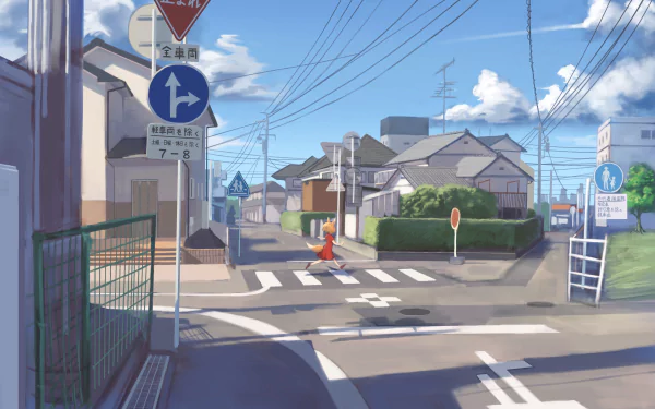 Anime-style 4K Ultra HD street scene featuring a blonde character with short hair and a tail crossing a quiet neighborhood road under a bright blue sky.
