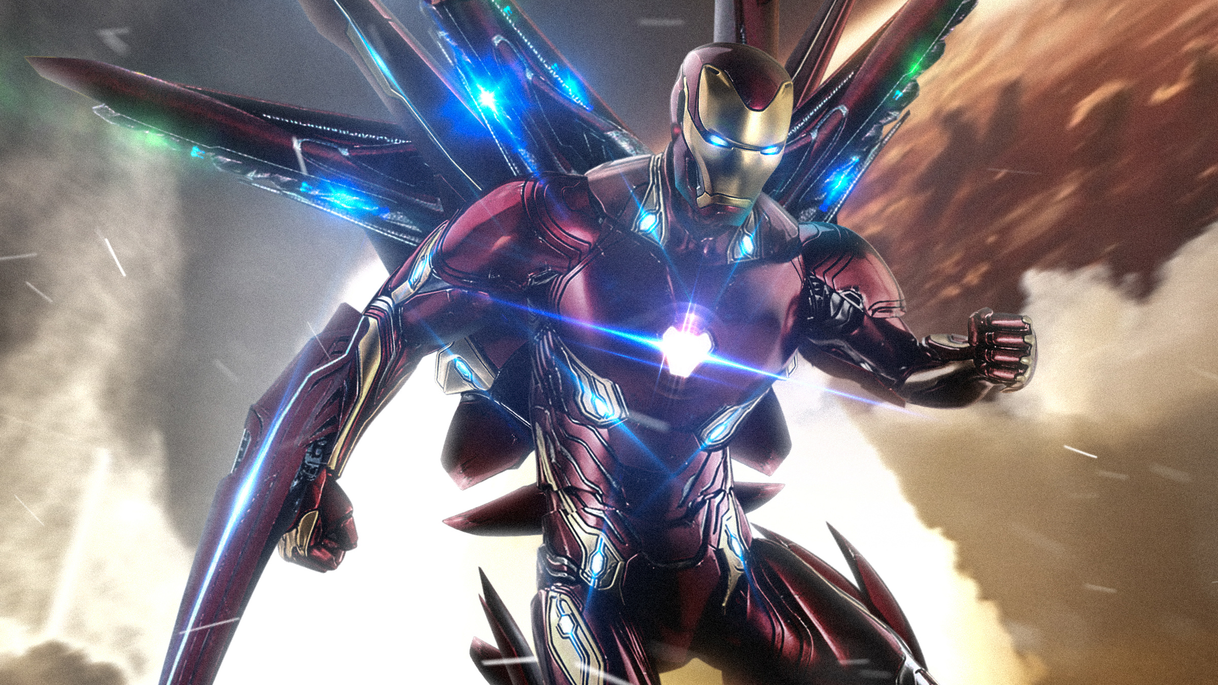 HD desktop wallpaper featuring Iron Man (Tony Stark) in his advanced armor from Avengers: EndGame, in a dynamic action pose with a dramatic background.