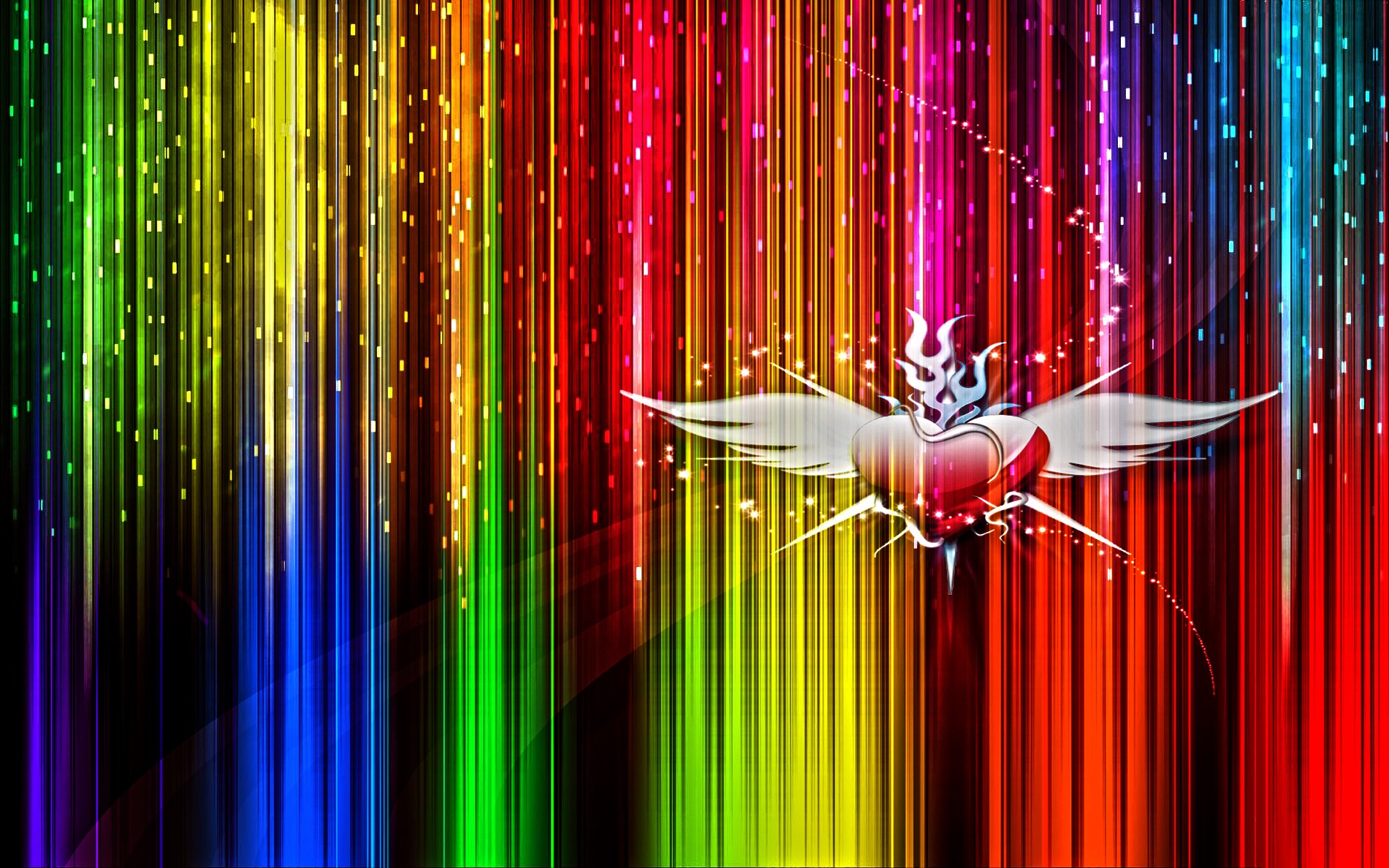 A vibrant HD background wallpaper featuring a winged heart symbol of love amidst a cascade of colorful, glowing vertical lines.