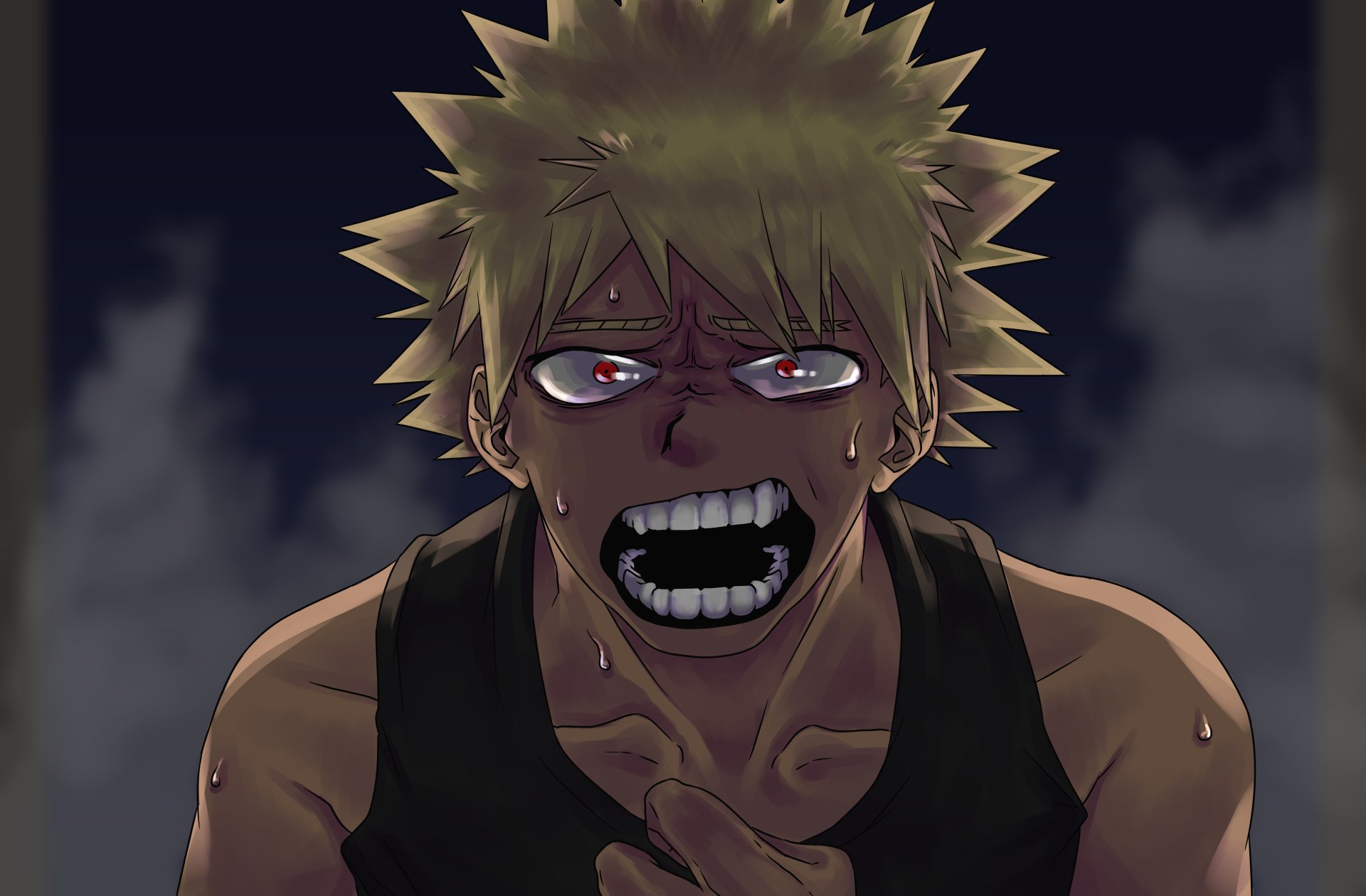 Katsuki Bakugou from My Hero Academia with an intense expression, rendered in 8K Ultra HD for a striking PC desktop wallpaper.