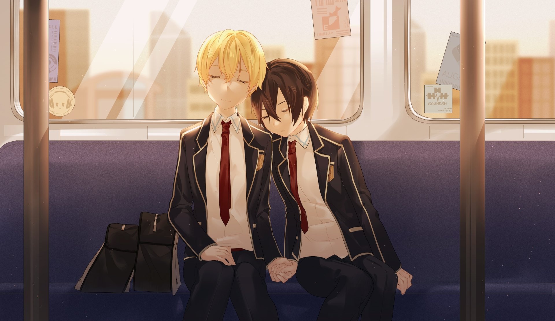 Eugeo and Kirito from Sword Art Online: Alicization are shown sleeping side by side on a train, wearing their school uniforms in this HD anime desktop wallpaper.