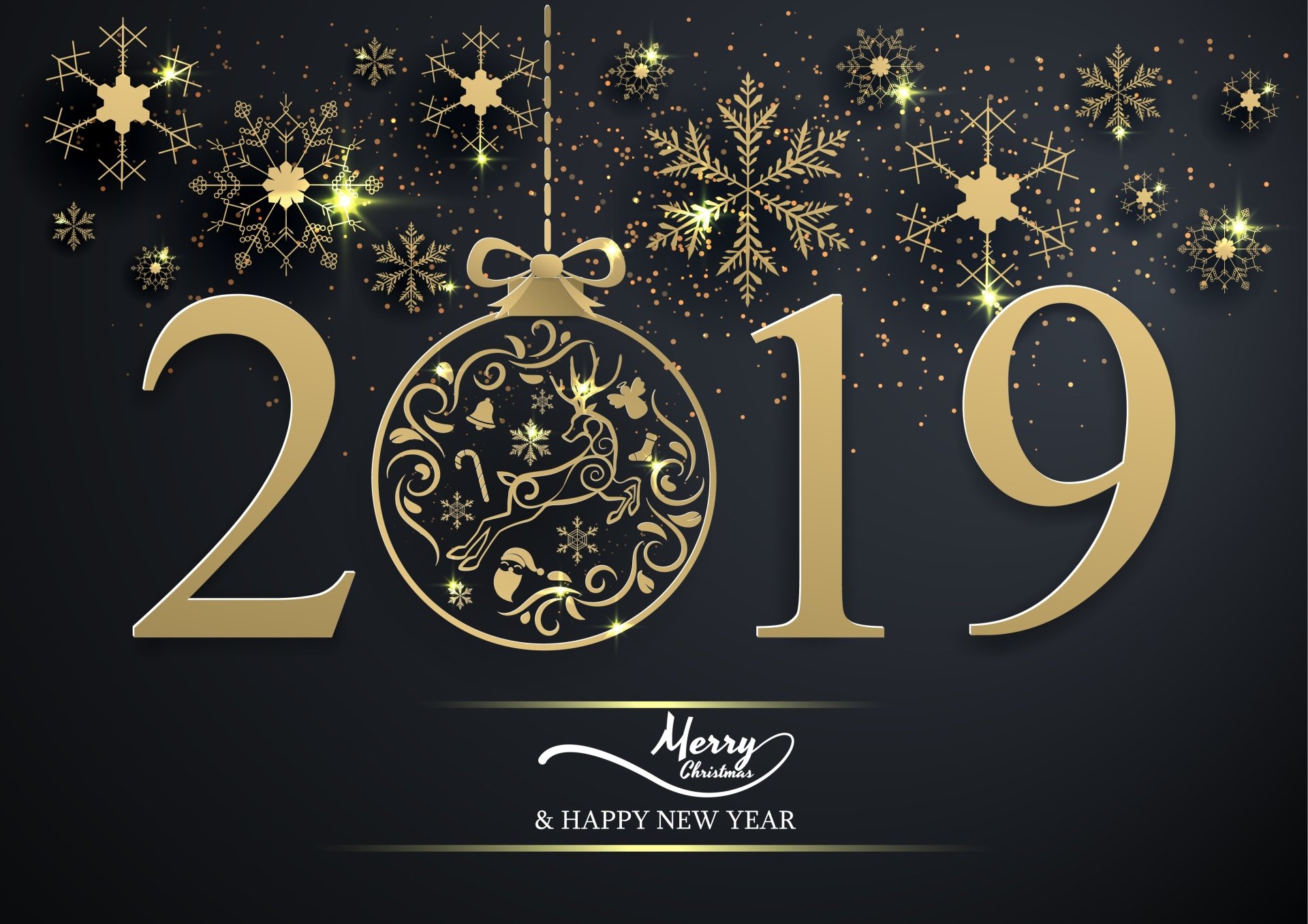Gold-themed 2019 New Year design with festive snowflakes and holiday ornaments, featuring Merry Christmas & Happy New Year text on an HD desktop wallpaper background.