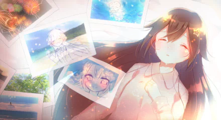HD PC desktop wallpaper featuring Tokino Sora from hololive as an anime-style Virtual YouTuber surrounded by glowing photographs and soft light effects.
