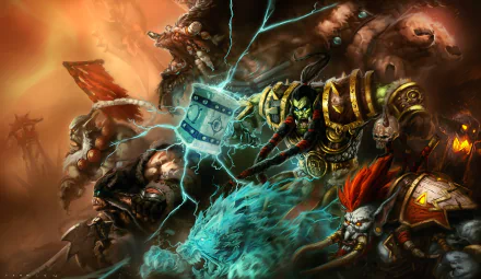 HD World of Warcraft video game wallpaper: orc heroes Thrall and Rexxar charging into battle—Thrall wields a lightning-charged hammer as Rexxar rides a snarling beast amid fiery chaos.