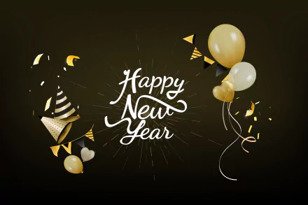 4K Ultra HD PC desktop wallpaper featuring Happy New Year text with gold and white balloons, party hats, and festive confetti on a dark background.