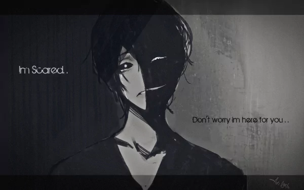 Dark-themed original anime character with a shadowy face split, paired with text I'm Scared. Don't worry, I'm here for you in 4K Ultra HD PC desktop wallpaper style.