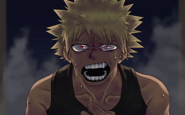 Katsuki Bakugou from My Hero Academia with an intense expression, rendered in 8K Ultra HD for a striking PC desktop wallpaper.