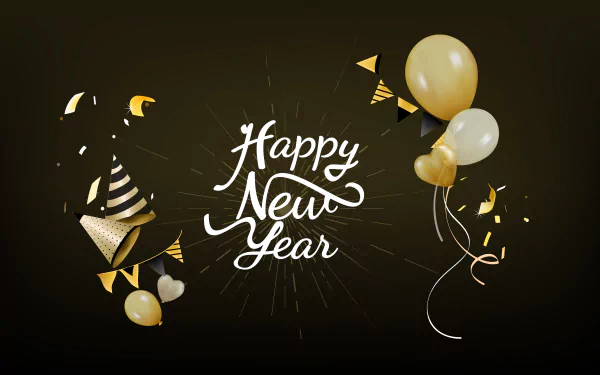 4K Ultra HD PC desktop wallpaper featuring Happy New Year text with gold and white balloons, party hats, and festive confetti on a dark background.