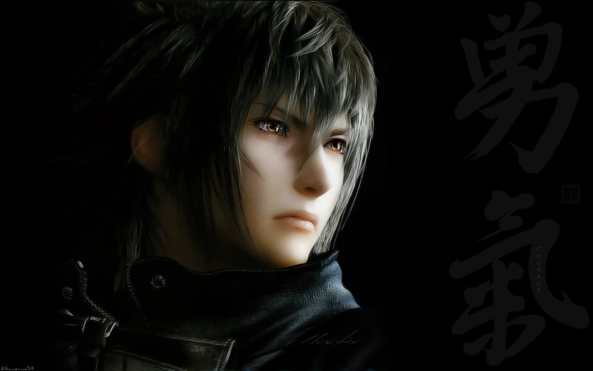 HD PC desktop wallpaper of Noctis from the video game Final Fantasy XV: A New Empire — close-up brooding portrait on a dark background with subtle kanji, for PC desktop background.