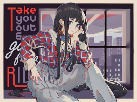 Anime-style HD desktop wallpaper featuring a long brown-haired character with blue eyes, braided hair, and large earrings, posing thoughtfully against a cityscape backdrop.