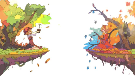 HD PC desktop wallpaper featuring Shizuha Aki and Minoriko Aki from Touhou, depicted amidst vibrant autumn scenery with falling leaves and floating islands.