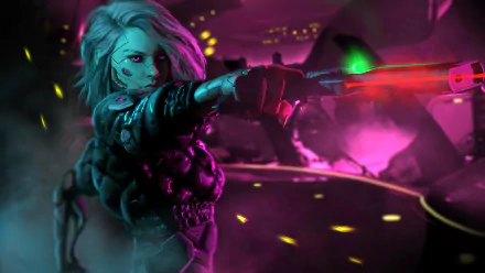 HD desktop wallpaper featuring a cyberpunk cyborg woman aiming a futuristic gun in a neon-lit environment.