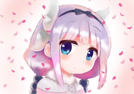 A HD desktop wallpaper featuring Kanna Kamui from Miss Kobayashi's Dragon Maid anime, with pink cherry blossoms falling around her pastel-colored hair and large blue eyes.