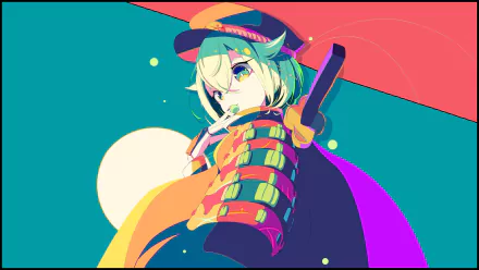 Vibrant HD anime samurai girl with teal hair and traditional armor, set against a bold, colorful background for PC desktop wallpaper.