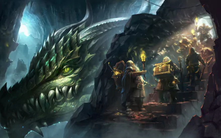 A fantasy HD desktop wallpaper showing a dwarf holding a torch while facing a massive dragon guarding a treasure hoard inside a dimly lit cave.