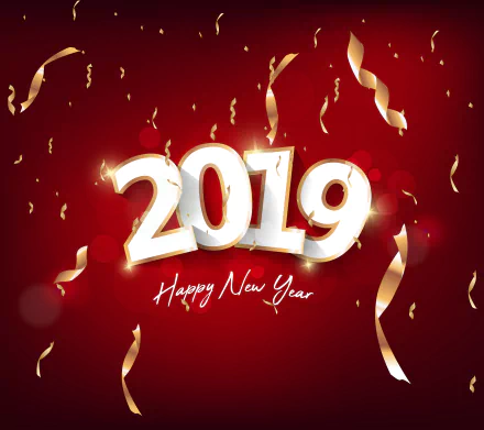 5K Ultra HD PC desktop wallpaper: bold white-and-gold 2019 with Happy New Year on a red holiday background, sprinkled with gold confetti and curling ribbons