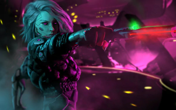 HD desktop wallpaper featuring a cyberpunk cyborg woman aiming a futuristic gun in a neon-lit environment.