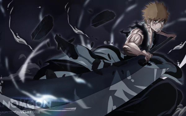 Ichigo Kurosaki from Bleach wields his large sword in a dynamic pose amid dark, swirling energy in this 4K Ultra HD anime desktop wallpaper.