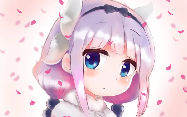 A HD desktop wallpaper featuring Kanna Kamui from Miss Kobayashi's Dragon Maid anime, with pink cherry blossoms falling around her pastel-colored hair and large blue eyes.