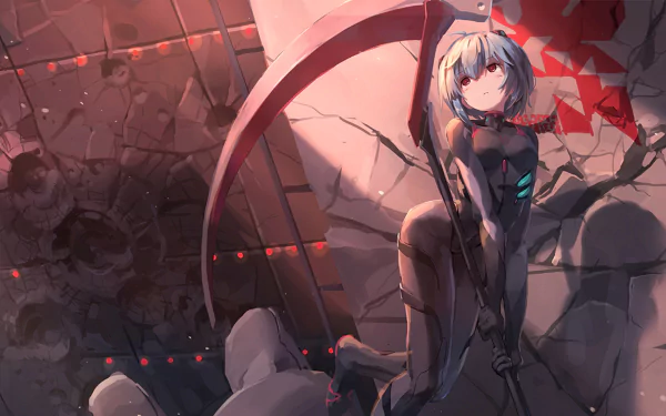 HD desktop wallpaper featuring Rei Ayanami from Neon Genesis Evangelion: 3.0 You Can (Not) Redo, depicted in a dynamic pose with a scythe against a rugged, fragmented background with red accents.