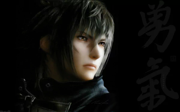 HD PC desktop wallpaper of Noctis from the video game Final Fantasy XV: A New Empire — close-up brooding portrait on a dark background with subtle kanji, for PC desktop background.