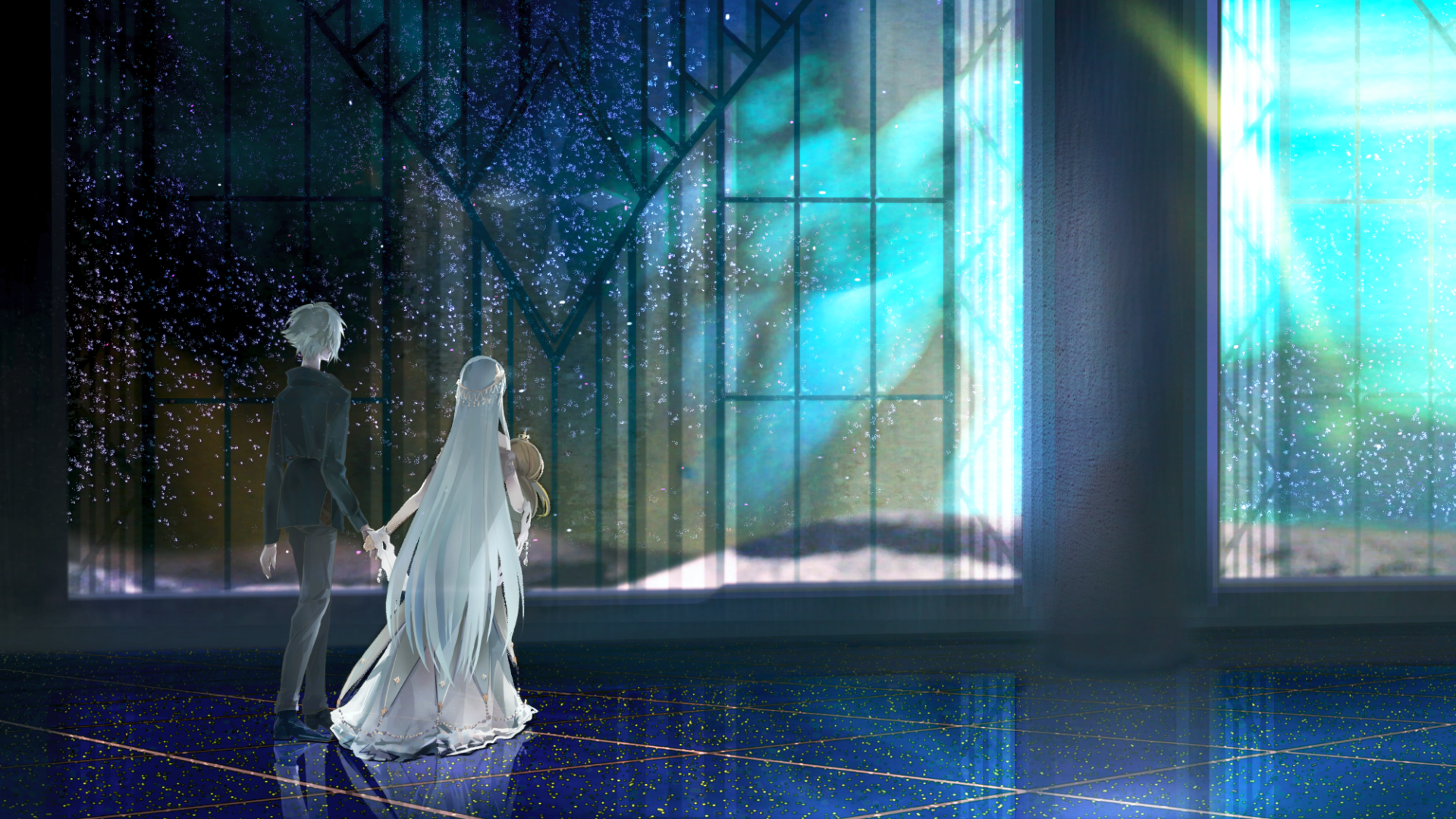 HD PC desktop wallpaper featuring Kadoc Zemlupus and Anastasia from Fate/Grand Order in an ethereal, glowing anime-style setting.