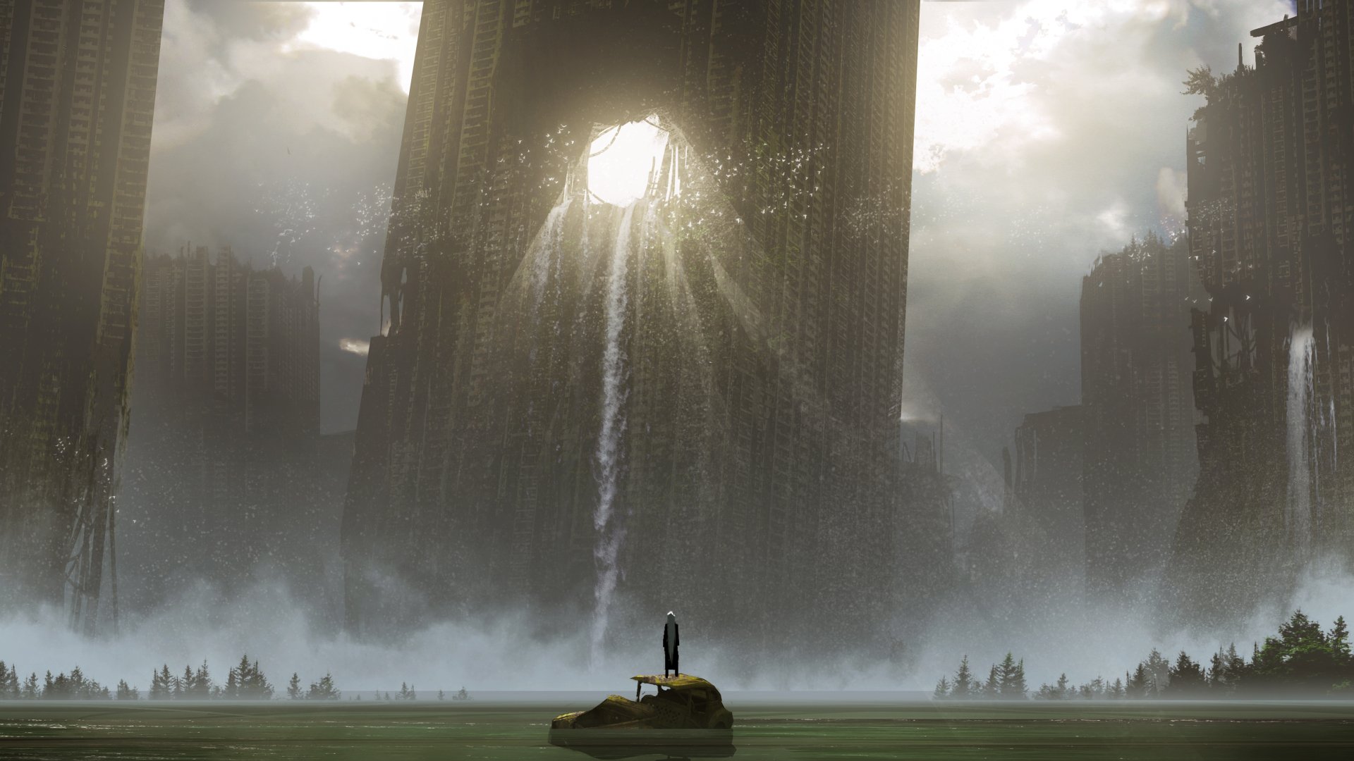 HD anime desktop wallpaper featuring a post-apocalyptic scene, portrays a lone figure standing on debris under a ruined building with sunlight streaming through a large hole, surrounded by fog and desolation.