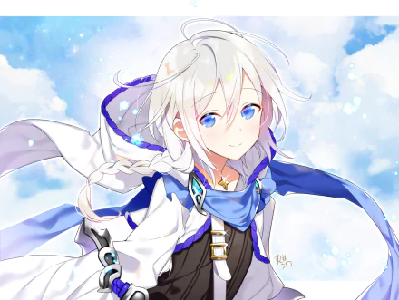 Noah from Granblue Fantasy anime with white hair and blue eyes, set against a bright sky, featured as an HD PC desktop wallpaper and background.