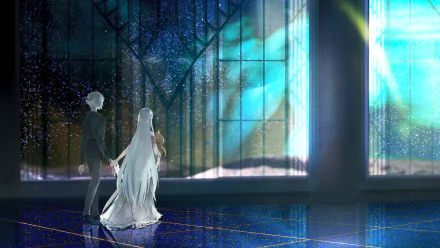 HD PC desktop wallpaper featuring Kadoc Zemlupus and Anastasia from Fate/Grand Order in an ethereal, glowing anime-style setting.