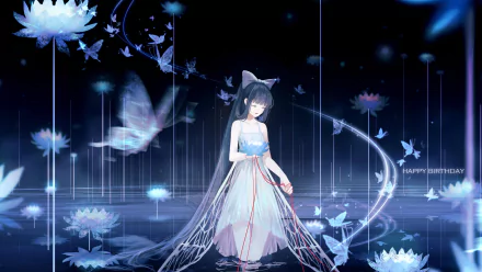 4K Ultra HD anime wallpaper featuring Tomoyo Daidouji from Cardcaptor Sakura in a glowing, ethereal scene with floating butterflies and lotus flowers on a dark background.