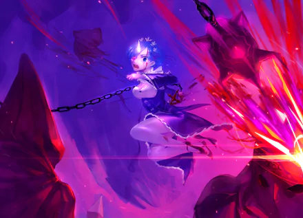 HD PC desktop wallpaper of Rem (Re:ZERO) from Re:Zero - Starting Life in Another World: blue-haired maid midair, chained, unleashing glowing magic amid crimson shards and a stormy purple sky.