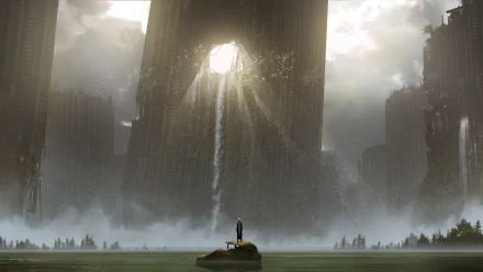 HD anime desktop wallpaper featuring a post-apocalyptic scene, portrays a lone figure standing on debris under a ruined building with sunlight streaming through a large hole, surrounded by fog and desolation.