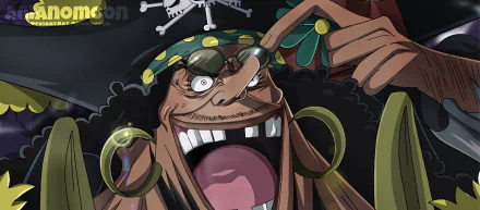 HD PC desktop wallpaper featuring Marshall D. Teach from the anime One Piece, showcasing his wide grin and distinctive pirate attire against a dark background.