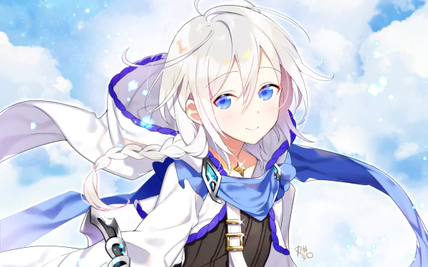 Noah from Granblue Fantasy anime with white hair and blue eyes, set against a bright sky, featured as an HD PC desktop wallpaper and background.