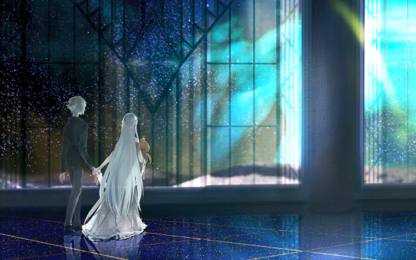HD PC desktop wallpaper featuring Kadoc Zemlupus and Anastasia from Fate/Grand Order in an ethereal, glowing anime-style setting.