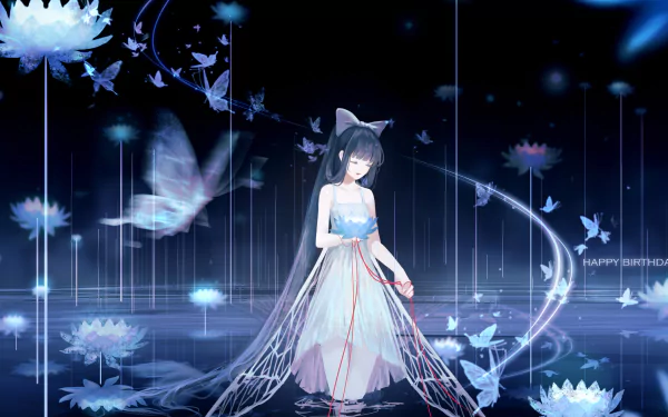 4K Ultra HD anime wallpaper featuring Tomoyo Daidouji from Cardcaptor Sakura in a glowing, ethereal scene with floating butterflies and lotus flowers on a dark background.
