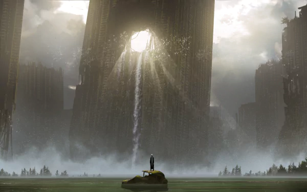 HD anime desktop wallpaper featuring a post-apocalyptic scene, portrays a lone figure standing on debris under a ruined building with sunlight streaming through a large hole, surrounded by fog and desolation.