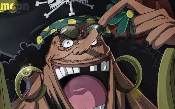 HD PC desktop wallpaper featuring Marshall D. Teach from the anime One Piece, showcasing his wide grin and distinctive pirate attire against a dark background.