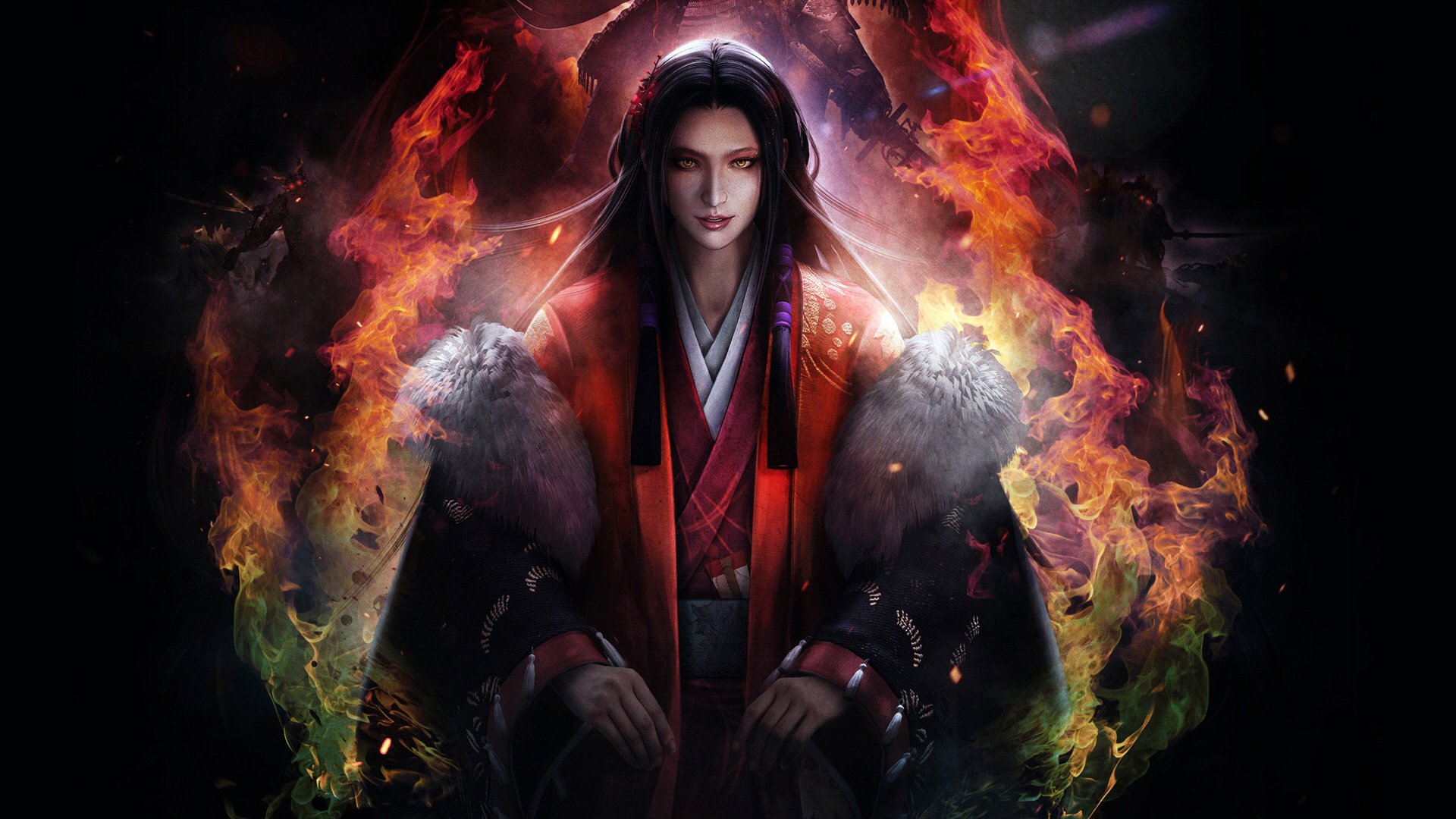 HD PC desktop wallpaper featuring a dark, fiery character from the video game Nioh, with intense flames framing the figure in a dramatic, detailed style.