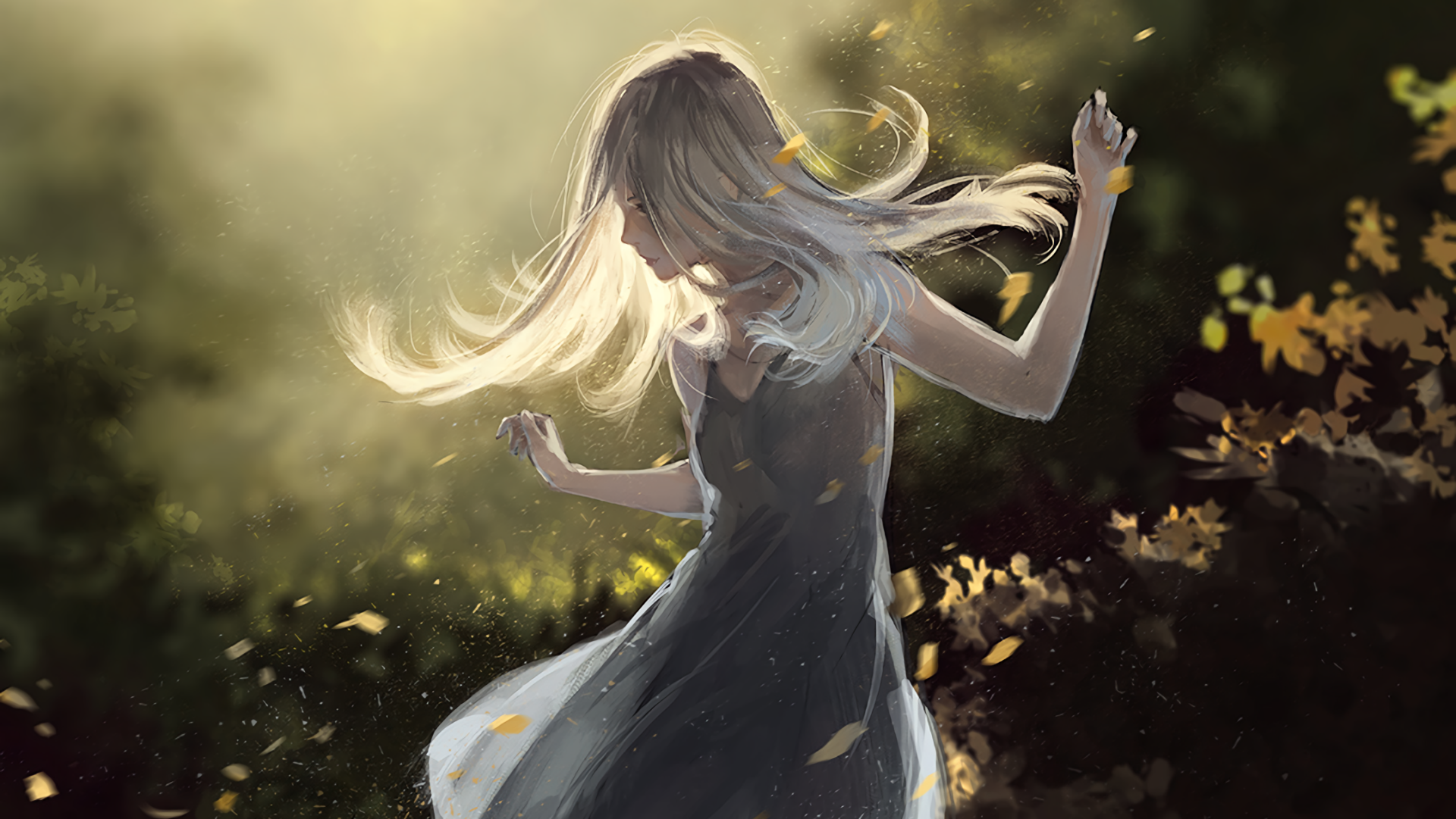 HD anime wallpaper featuring a blonde girl in a dress surrounded by falling leaves, set against a softly lit background.
