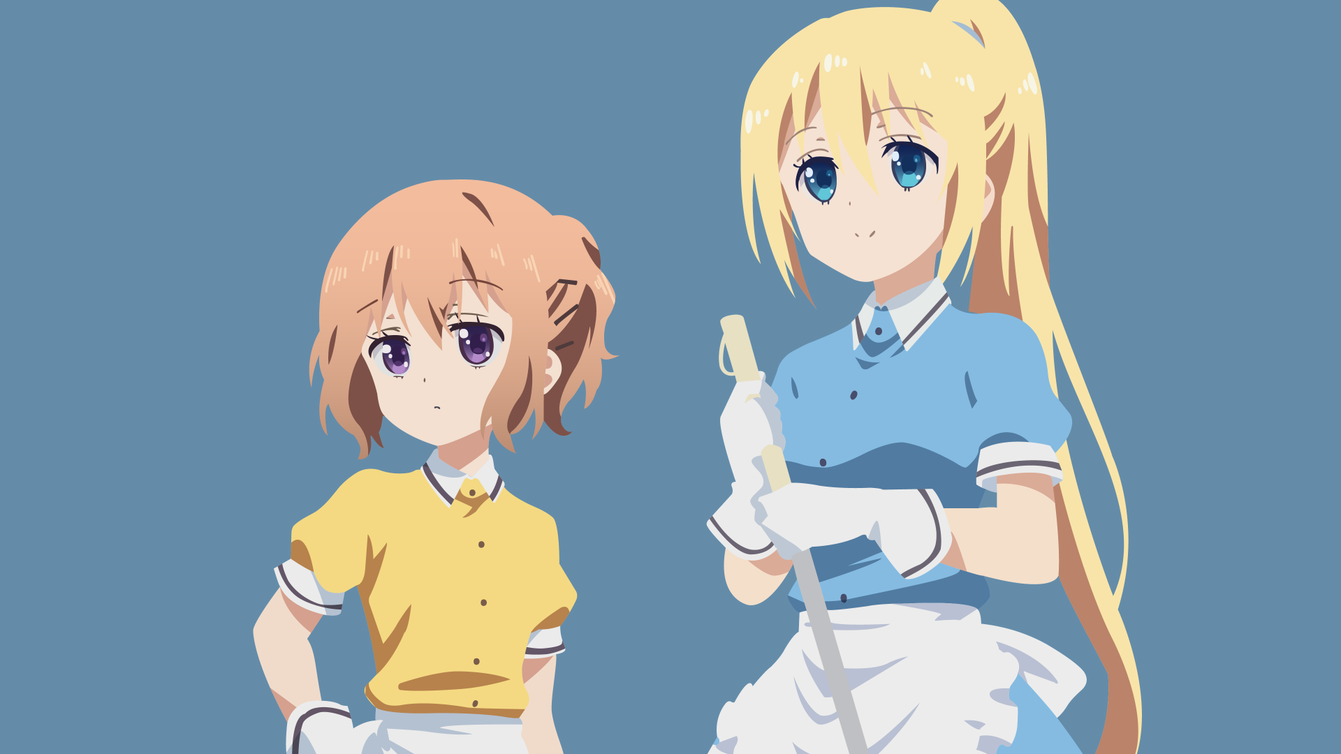 Kaho Hinata (short brown hair, yellow maid outfit) and Mafuyu Hoshikawa (blonde, blue maid outfit holding a mop) from Blend S on a flat blue 4K Ultra HD PC desktop wallpaper.
