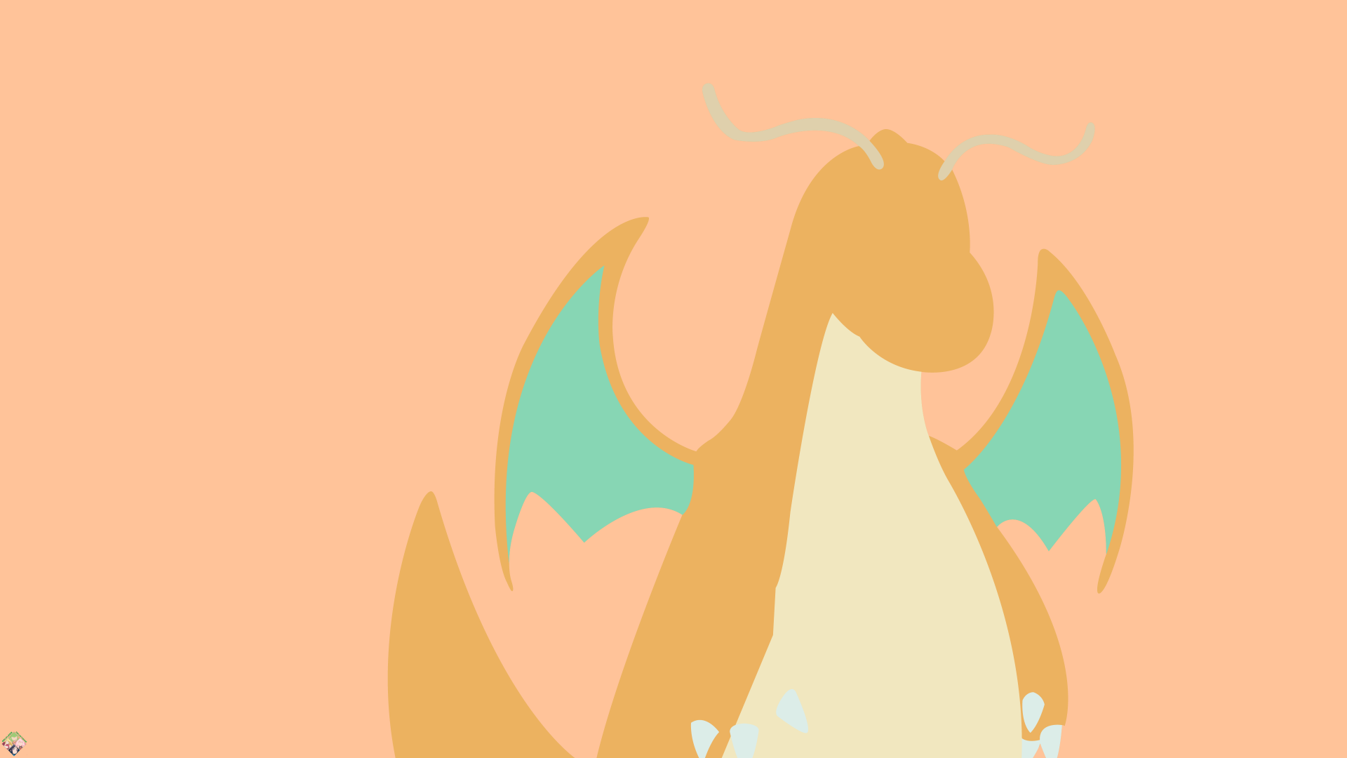 Stylized Dragonite (Pokémon) anime illustration on a peach background with mint wings — 4K Ultra HD PC desktop wallpaper and background.