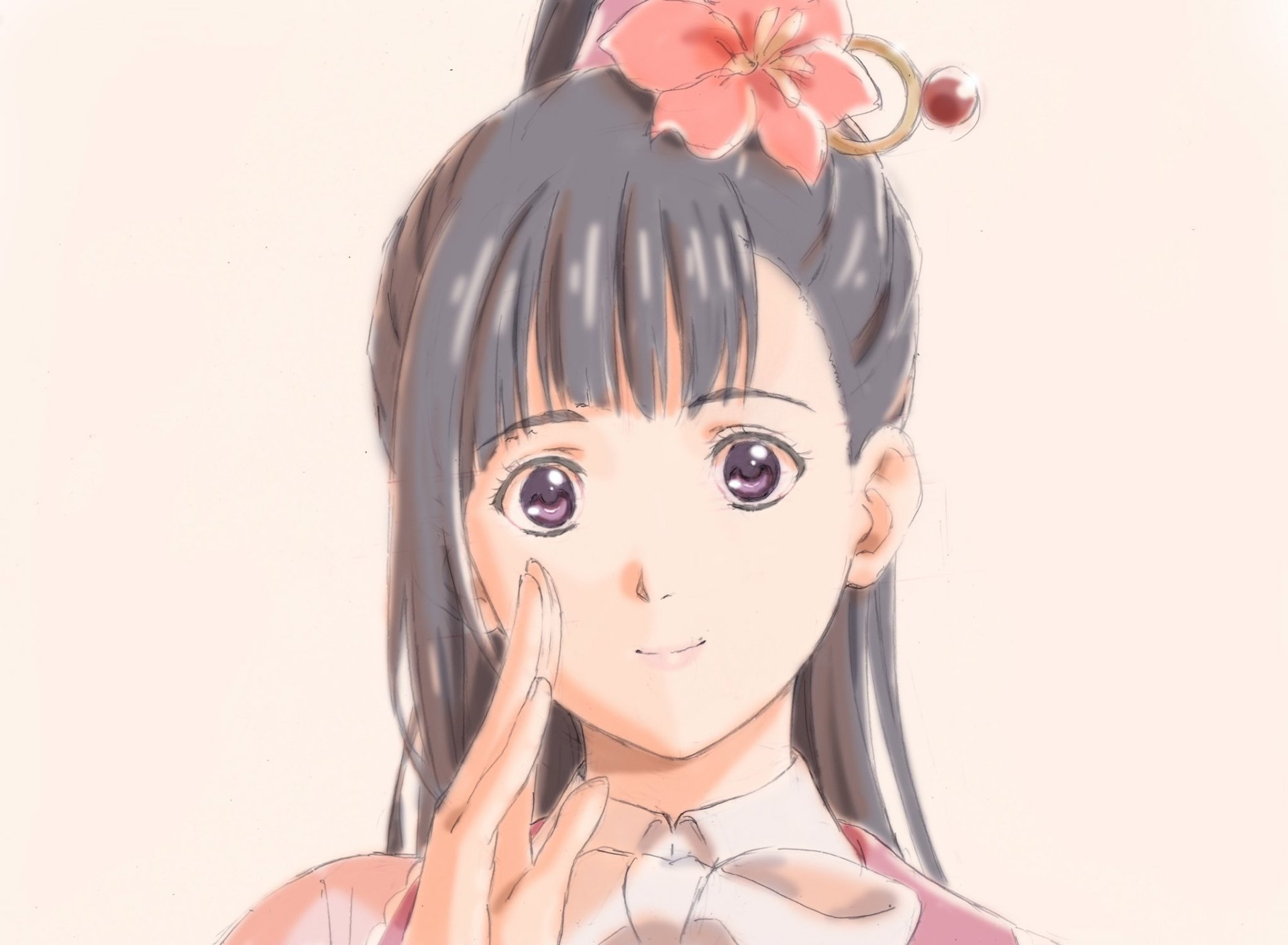 HD anime desktop wallpaper featuring Ayame Yomogawa from Kabaneri of the Iron Fortress with a soft pastel background and delicate floral accents.