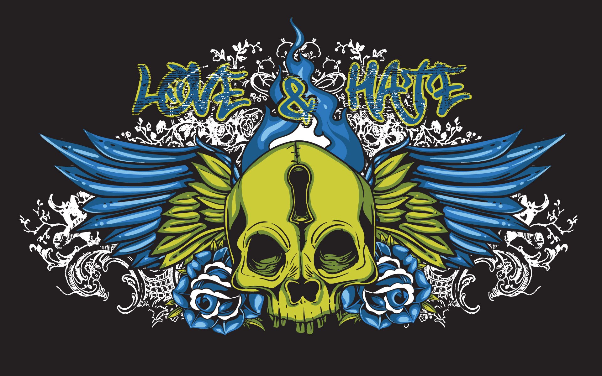 HD desktop wallpaper featuring a dark-themed skull with blue wings, roses, and the words Love & Hate in vibrant colors on a black background.