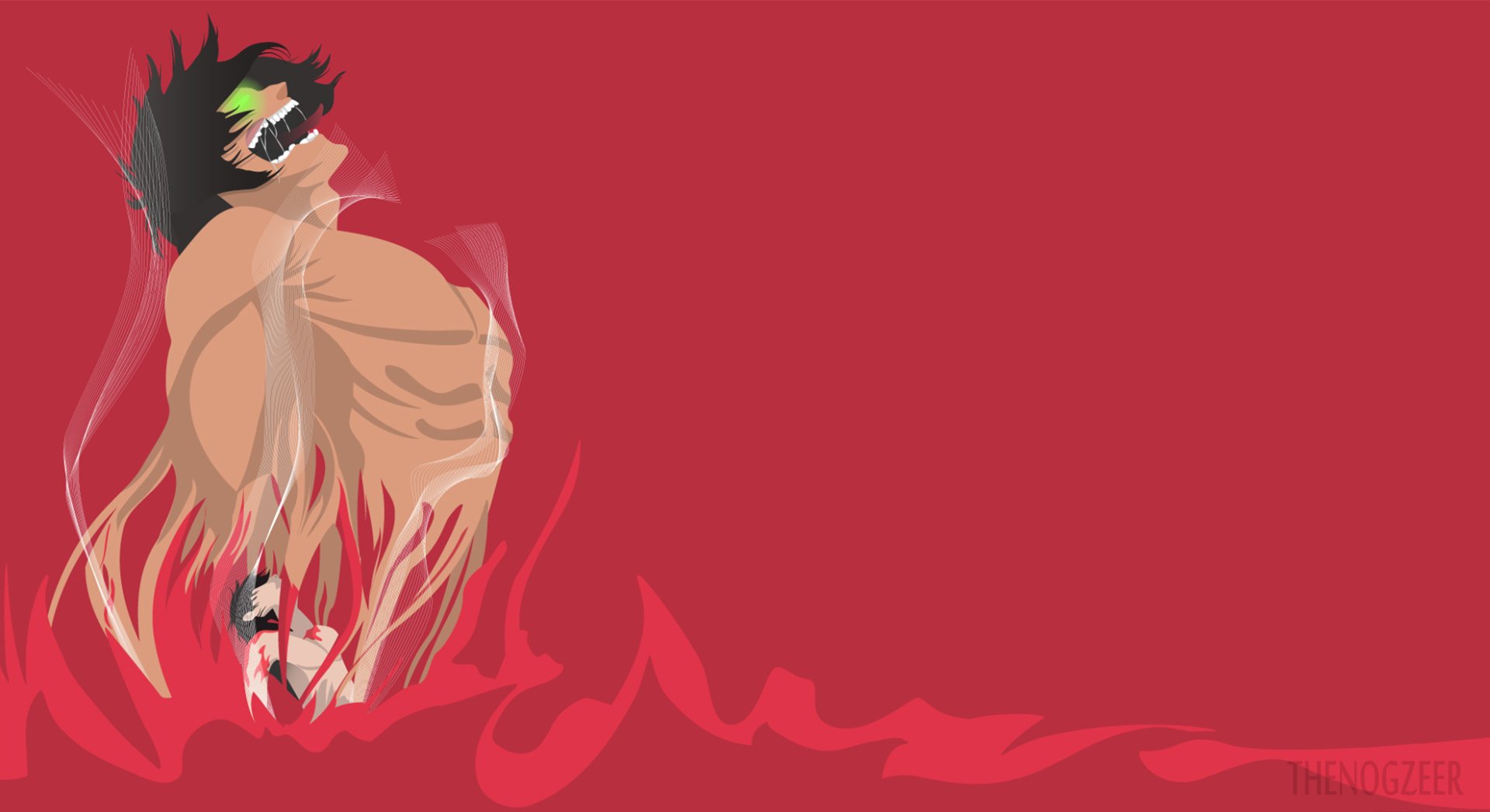 Eren Yeager (Attack on Titan) anime HD PC desktop wallpaper: half‑transformed, muscular torso with flowing hair and flames set against a bold red background.